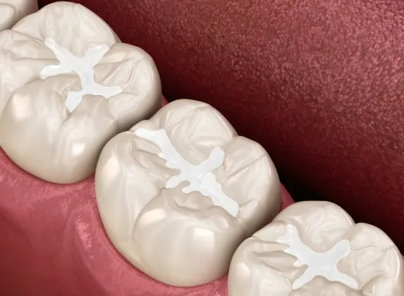 Three tooth models with dental sealants applied, demonstrating protective treatment for cavity prevention.